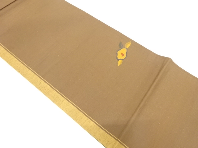 作家物　手織り紬縞に椿模様織り出し袋帯